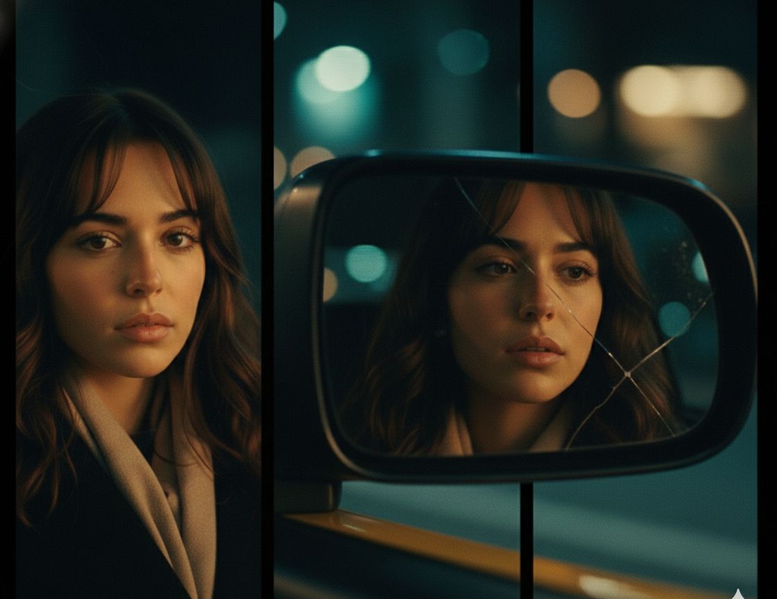 Mira reflected in a cracked wing mirror at night
